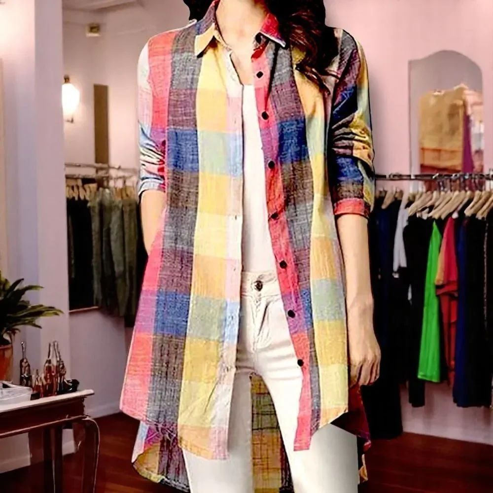 Multicolor Plaid Long Sleeve Button Down Cotton Shirt Dress NEW